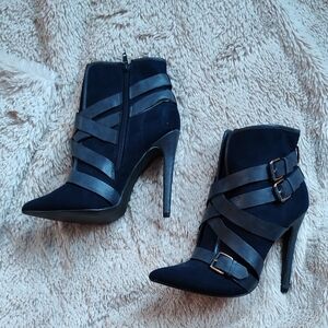 Elegant Navy Stiletto Ankle Boots Gold Hardware Buckles